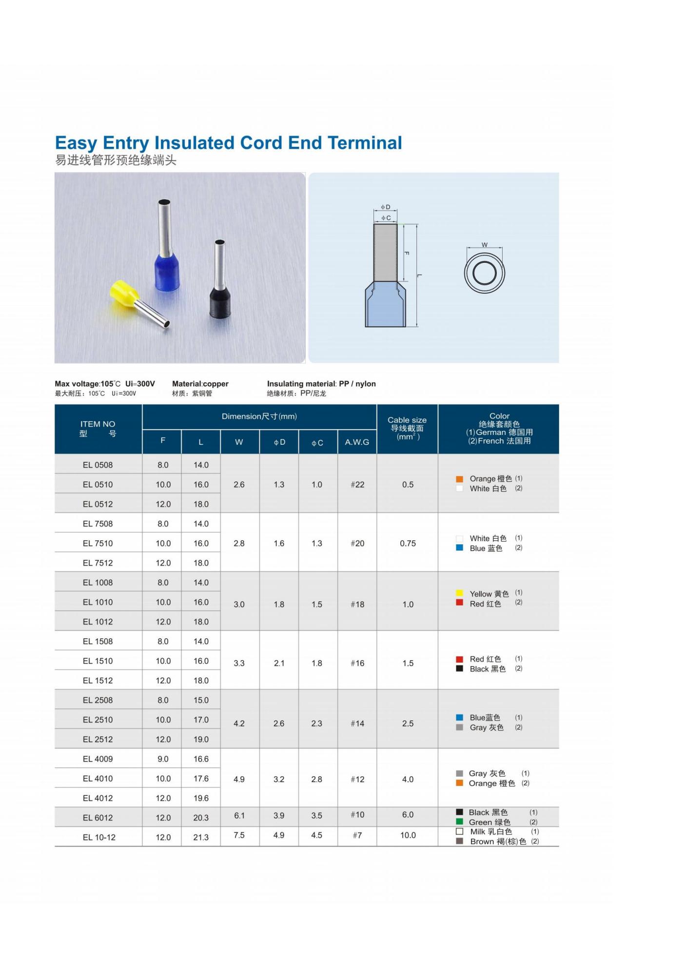 VE series insulated pin ferrule, copper tube wire end terminal